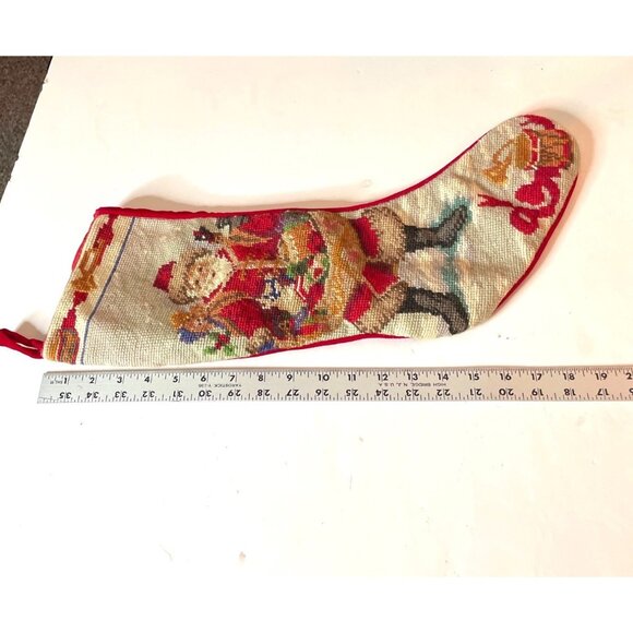 Vintage Needlepoint Christmas Stocking Santa Claus Design & Red Velvet Backing - Picture 4 of 6